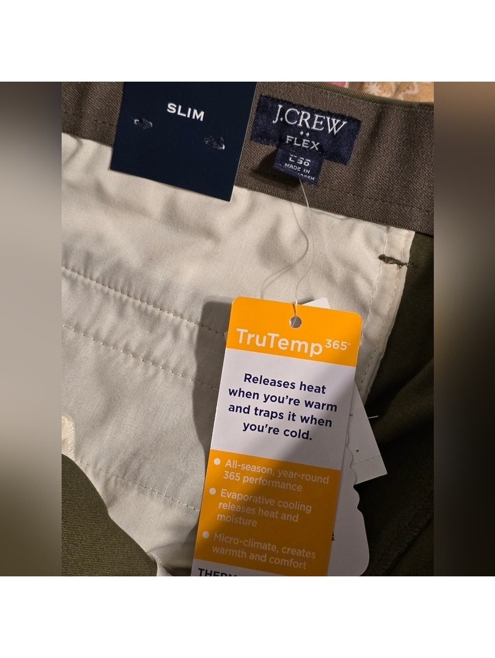 J. Crew Slim Flex TruTemp365 Pants 29x30 Olive Green Mens NWT - Picture 3 of 7